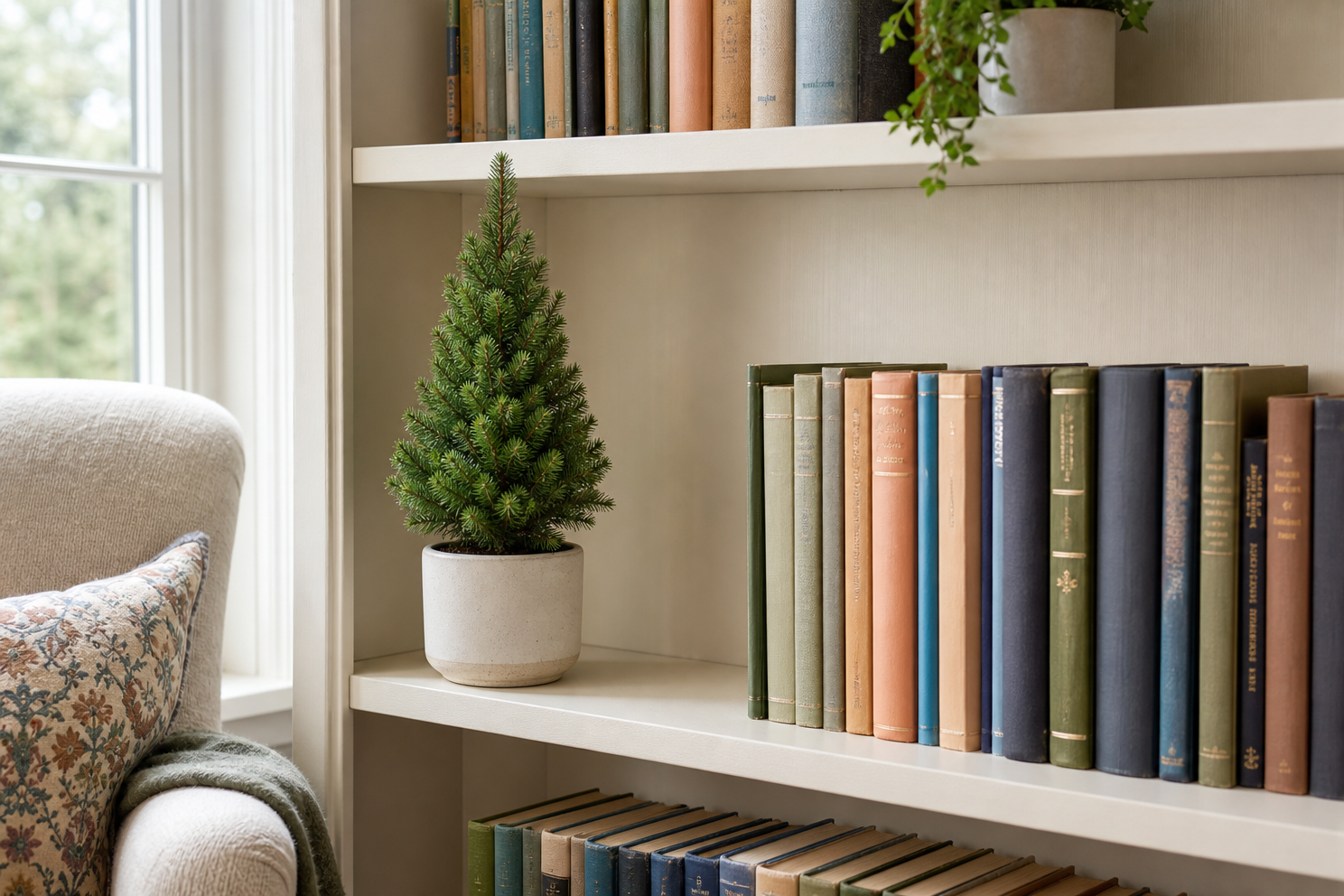 Small Christmas tree beside a reachable row of books