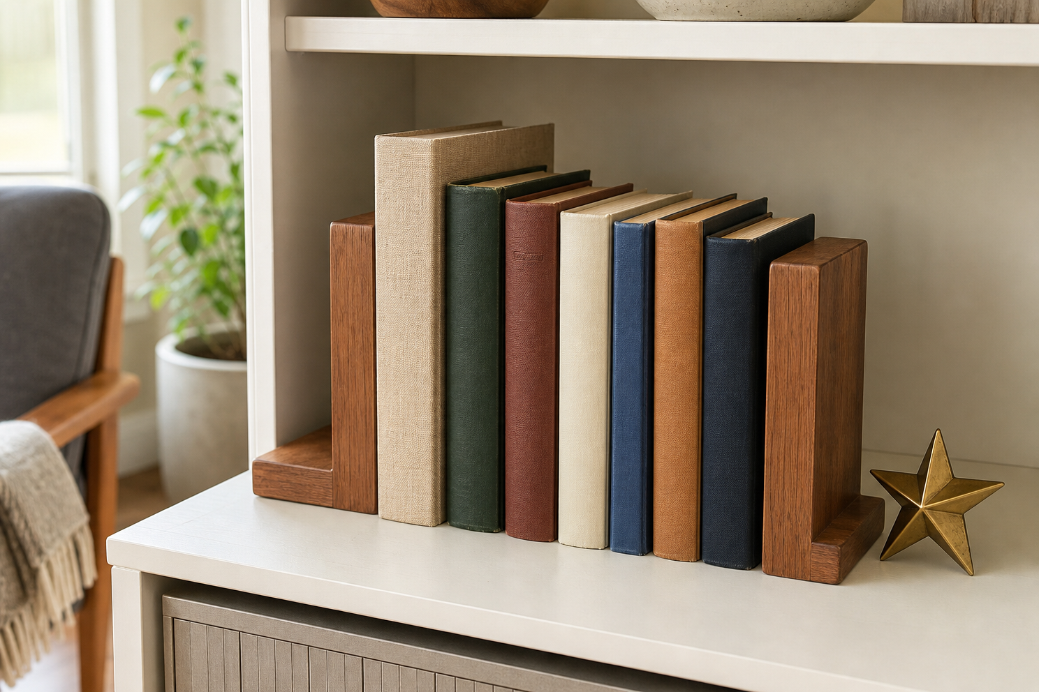 Decorative bookends holding a short reachable row