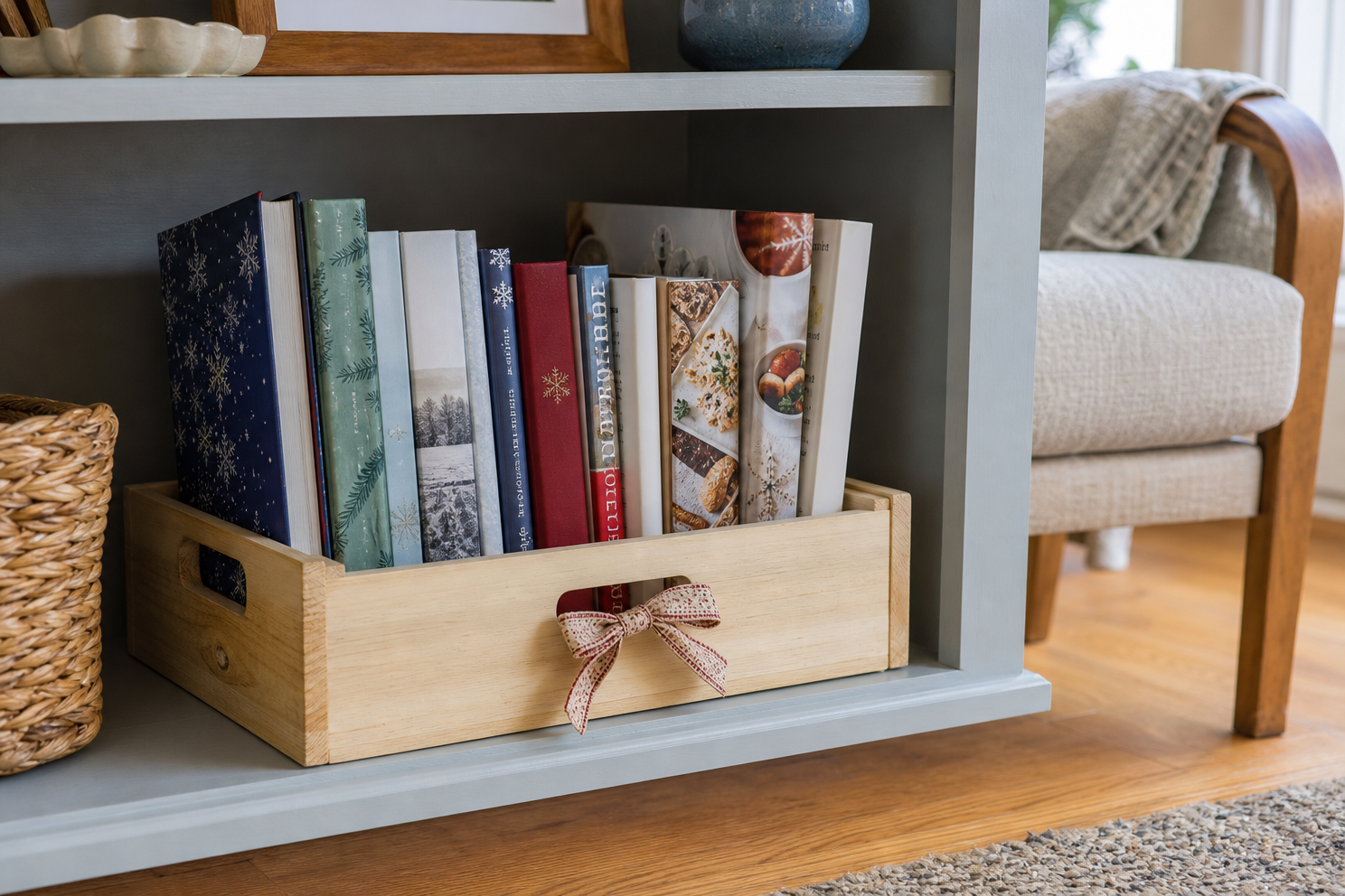 Open wooden crate holding winter-reading books on a lower shelf