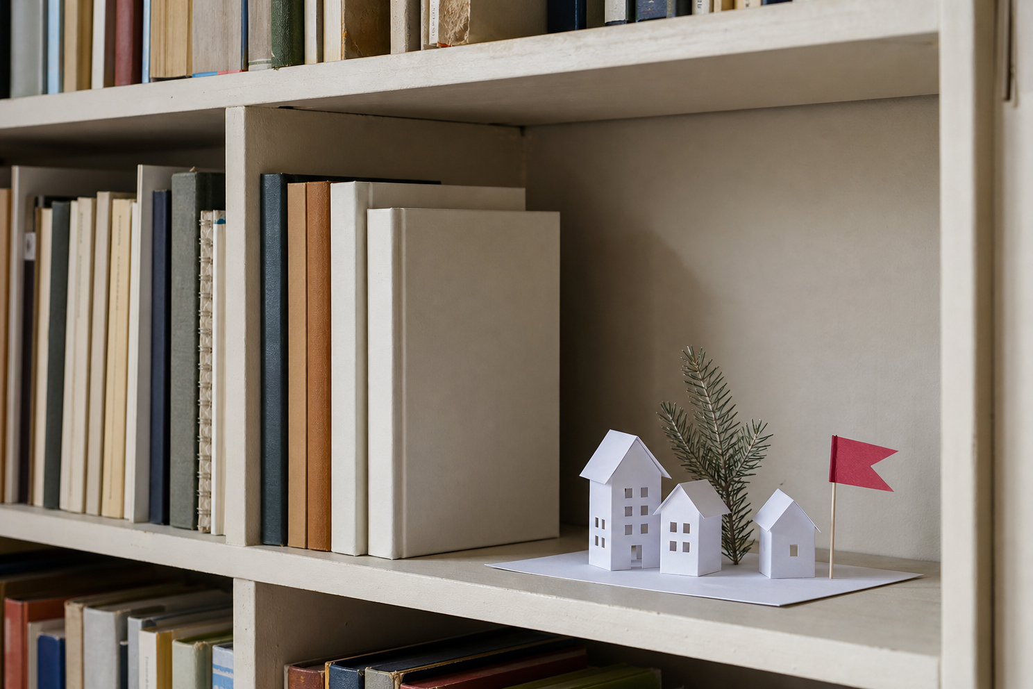 Tiny paper winter village arranged beside books in an open cubby
