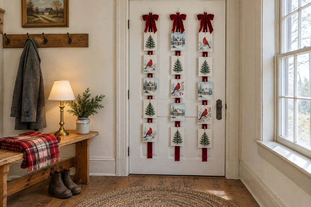 Back of a white interior door with three red velvet ribbons hung from small clear hooks, each holding five Christmas cards on mini wooden clothespins, beside a pine bench with a plaid blanket and a lit lamp