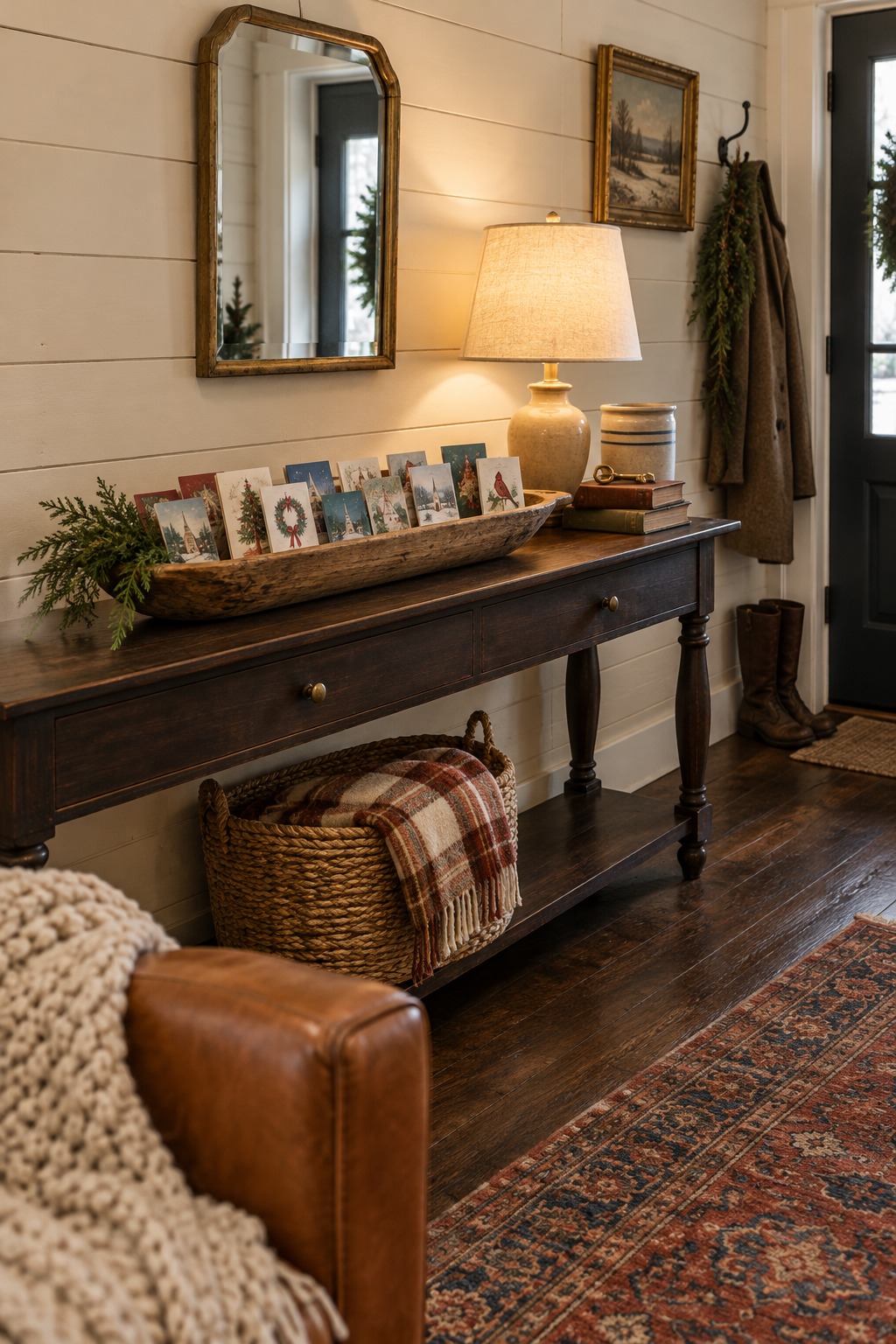 Long narrow wooden dough bowl on an entry console holding about fifteen standing Christmas cards facing different ways, with a sprig of cedar at one end and a lit lamp beside it