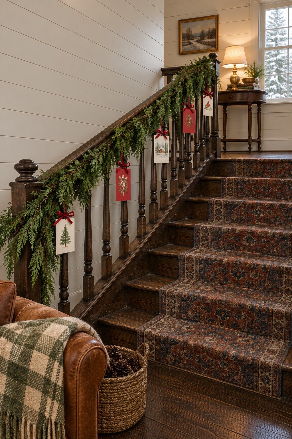 Wooden stair railing with a cedar garland on the banister and five Christmas cards hung from short red ribbons tied around the balusters, spaced apart with room for more, a lit lamp on the landing