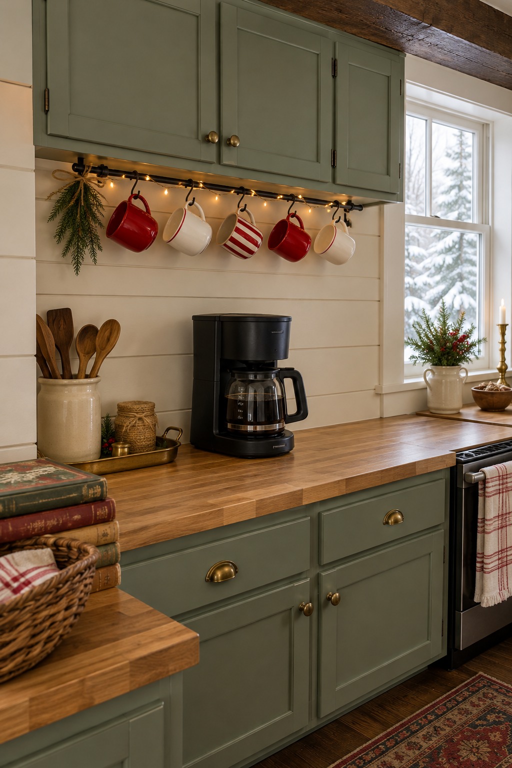 Short metal rail under an upper kitchen cabinet with five red and white Christmas mugs hanging from S-hooks above a drip coffee maker, with battery fairy lights along the rail and a cedar sprig at one end