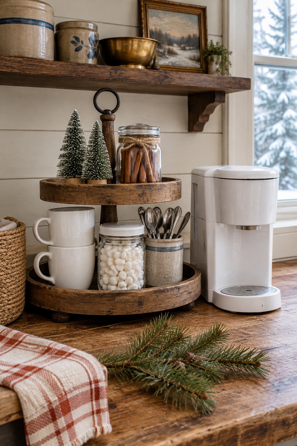 Two-tier wooden tray beside a small white single-cup coffee maker, with bottle brush trees and cinnamon sticks on top and white mugs, mini marshmallows and spoons on the bottom tier