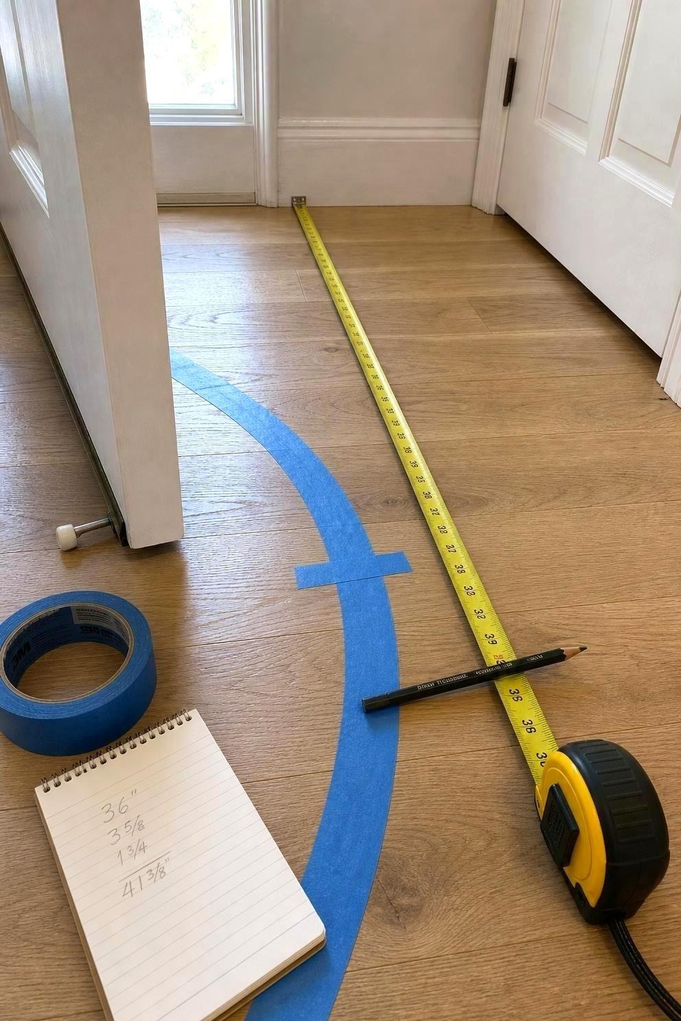 A tape measure held across a narrow entryway floor with painter's tape marking the arc of the open front door