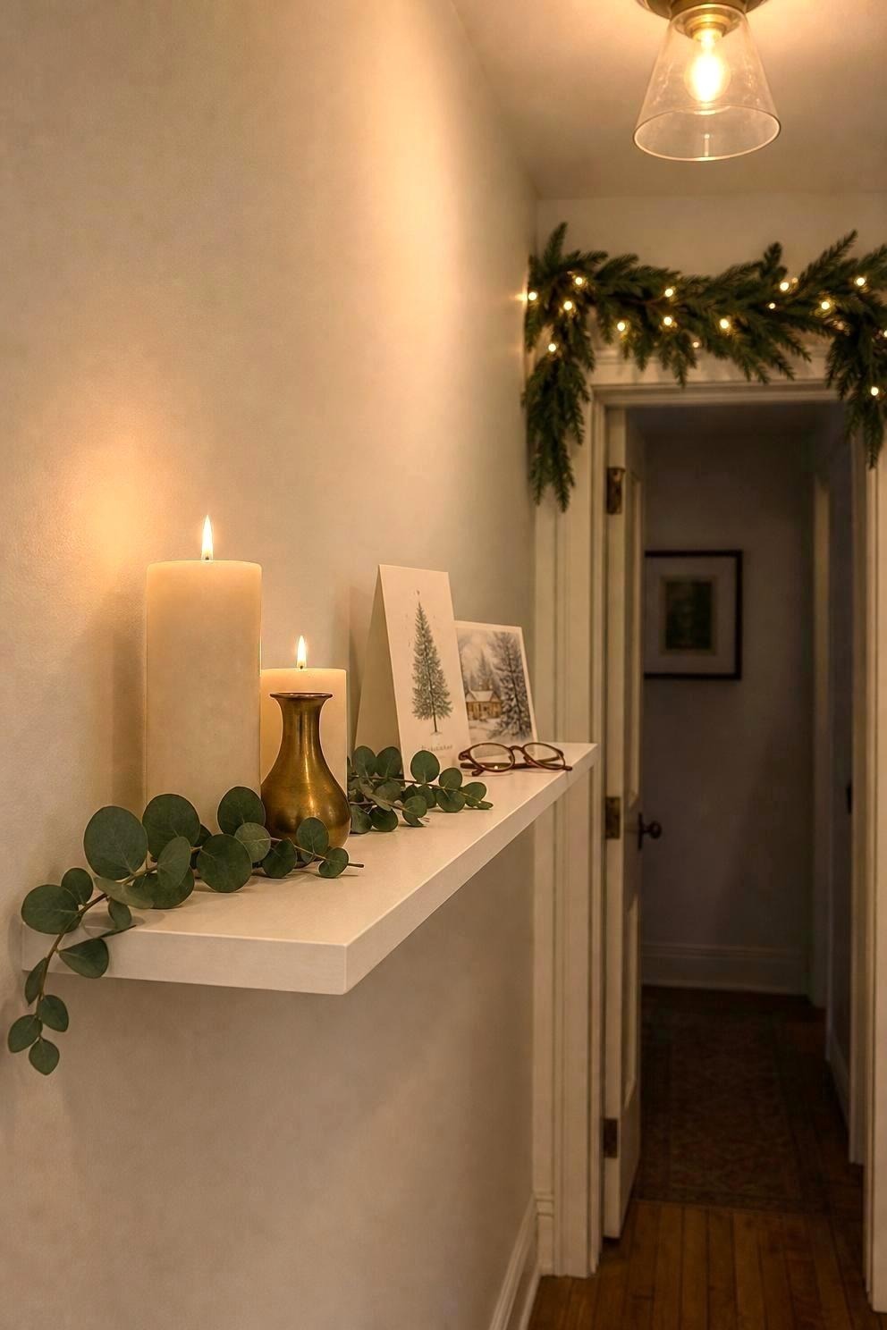 A slim wall shelf in a narrow hallway holding two battery candles and a short eucalyptus garland, with a lit garland swag above the doorway behind it