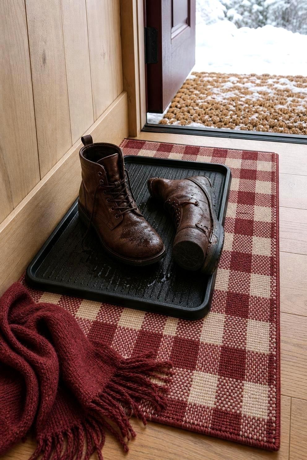 A black rubber boot tray inside a narrow entry holding a pair of wet leather boots on a washable checked rug, with a coir mat visible through the open door outside