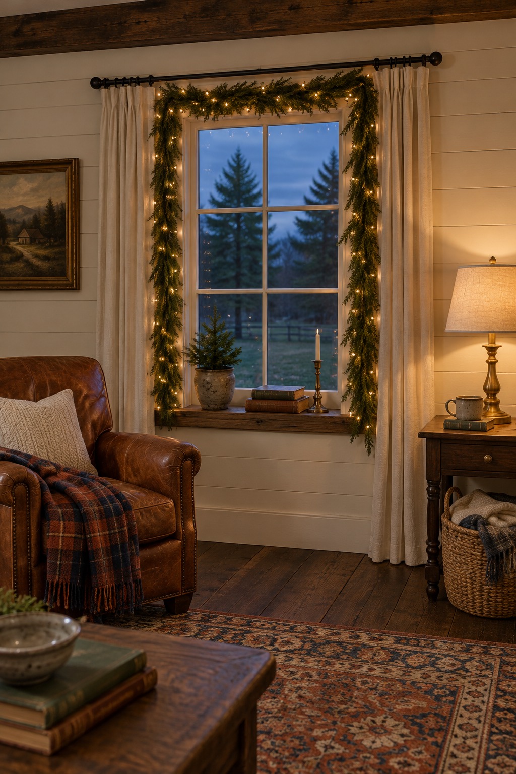 Window outlined with a cedar garland and tiny lights, one strand down each side and one across the top, with a small potted evergreen on the sill