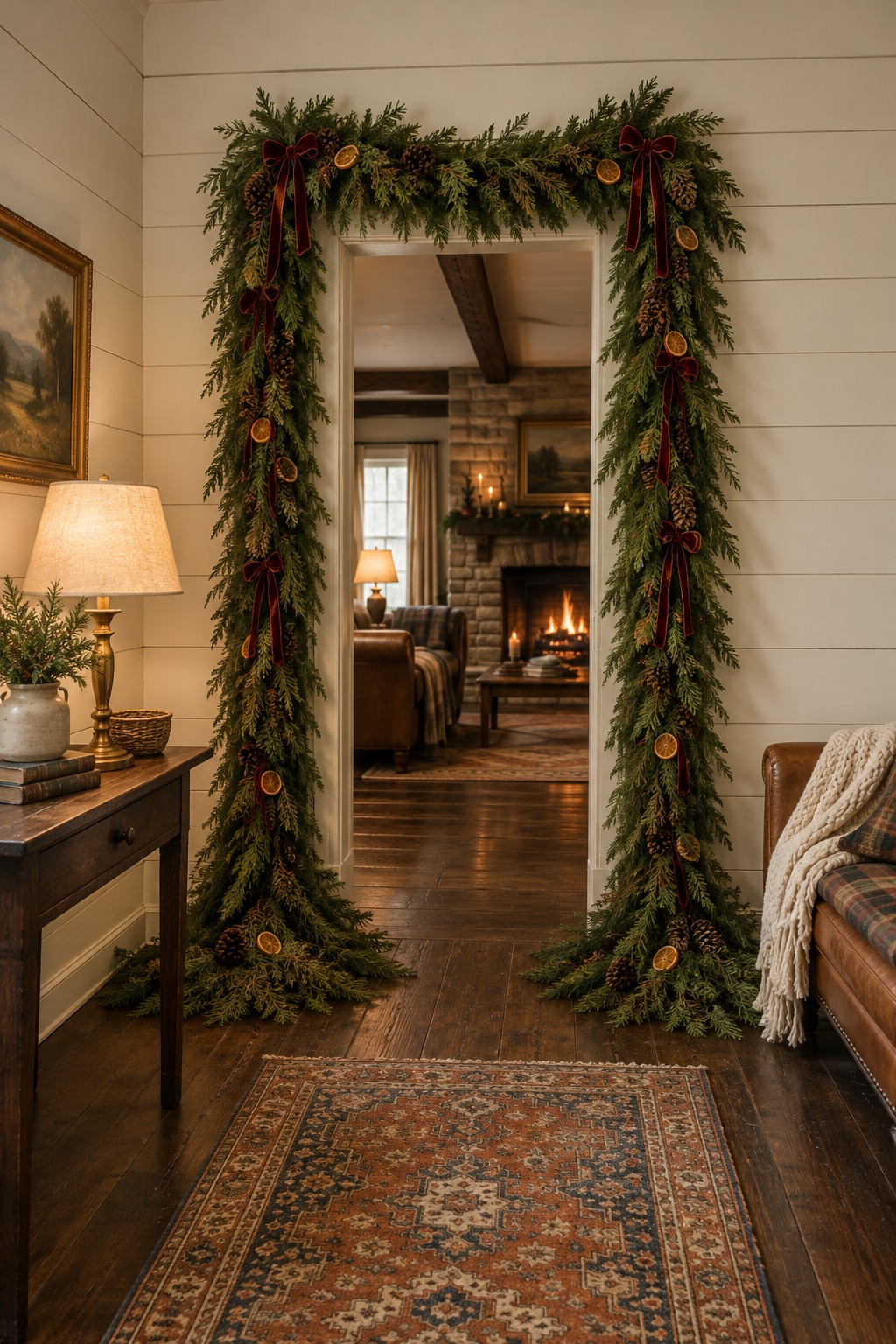Interior doorway outlined with two long cedar and pine garlands up each side and across the top, the ends puddling on the floor