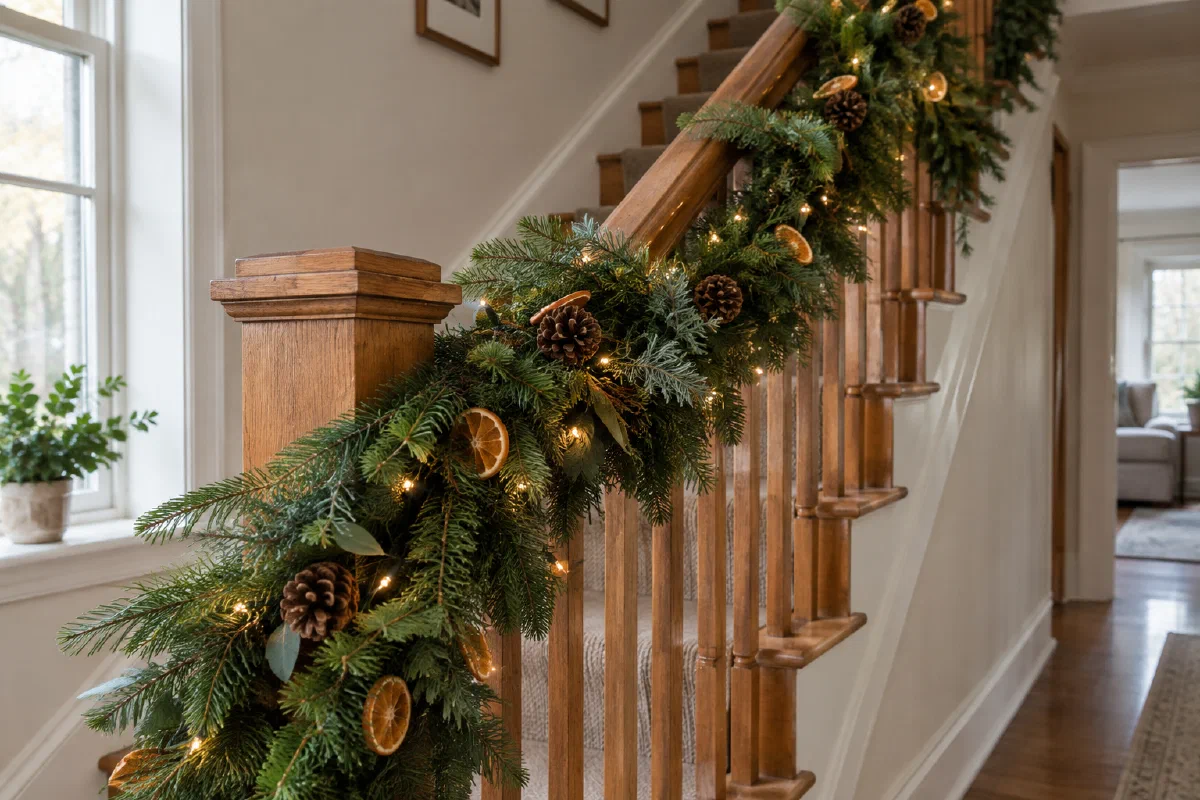 Staircase banister dressed with a full evergreen garland, warm white lights, pinecones and dried orange slices