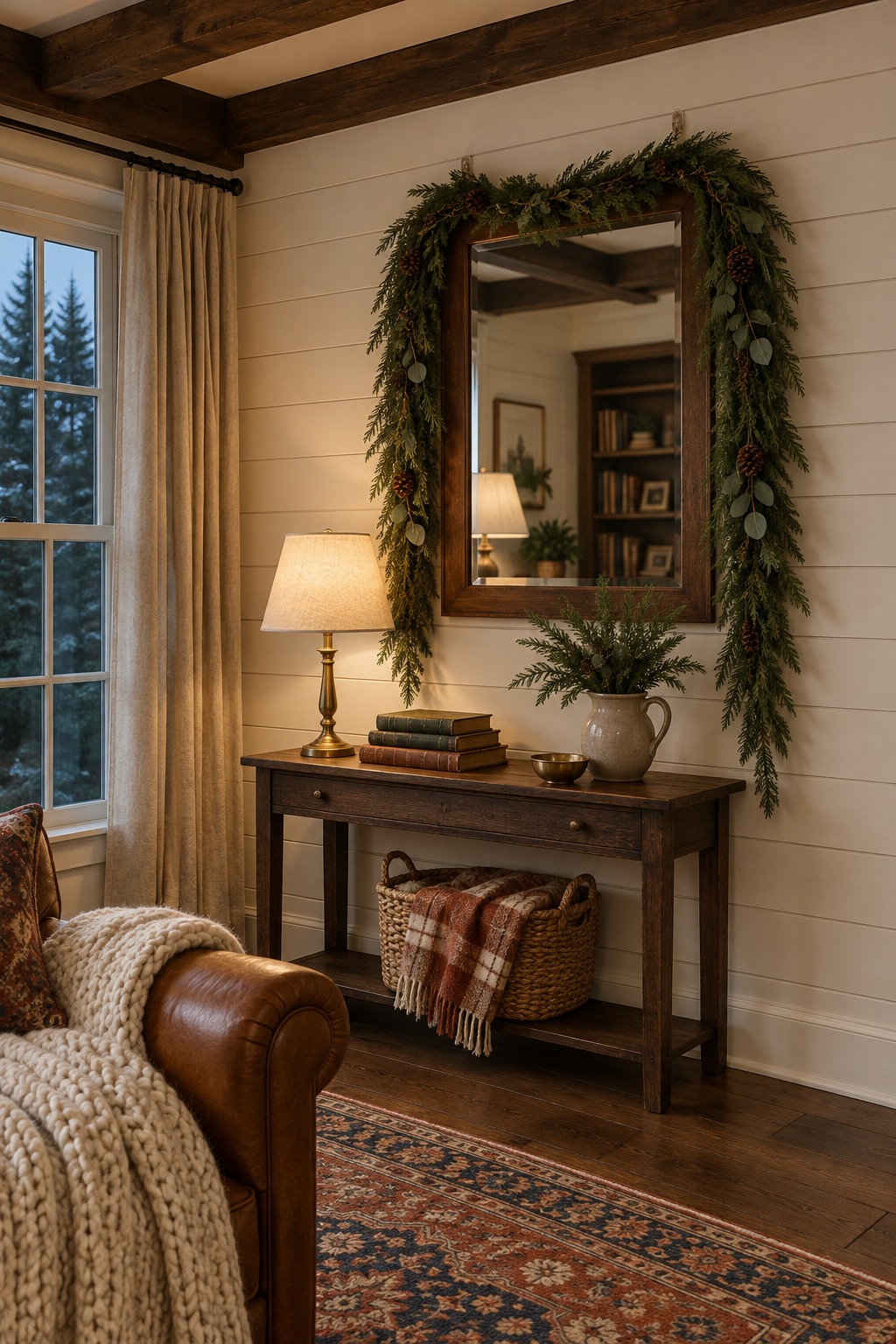 Wood-framed mirror on a living room wall with a cedar and pine garland over the top and down both sides, held with clear hooks, above a console table with a lamp