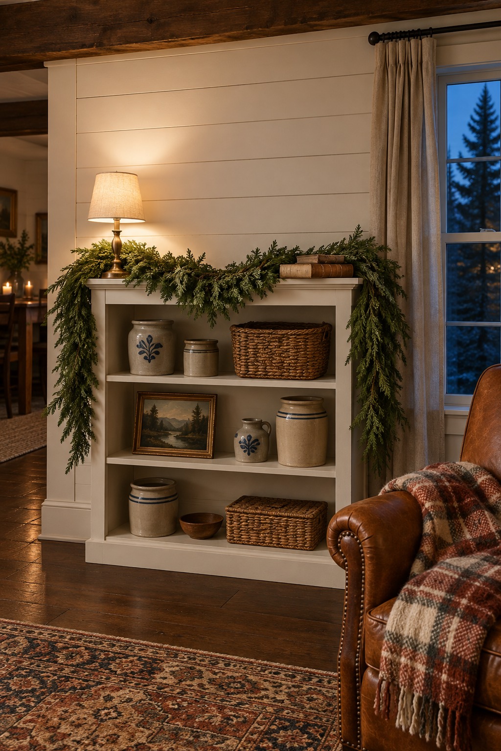 Cedar garland draped across the top of a white three-foot bookcase with two small books and a lit lamp