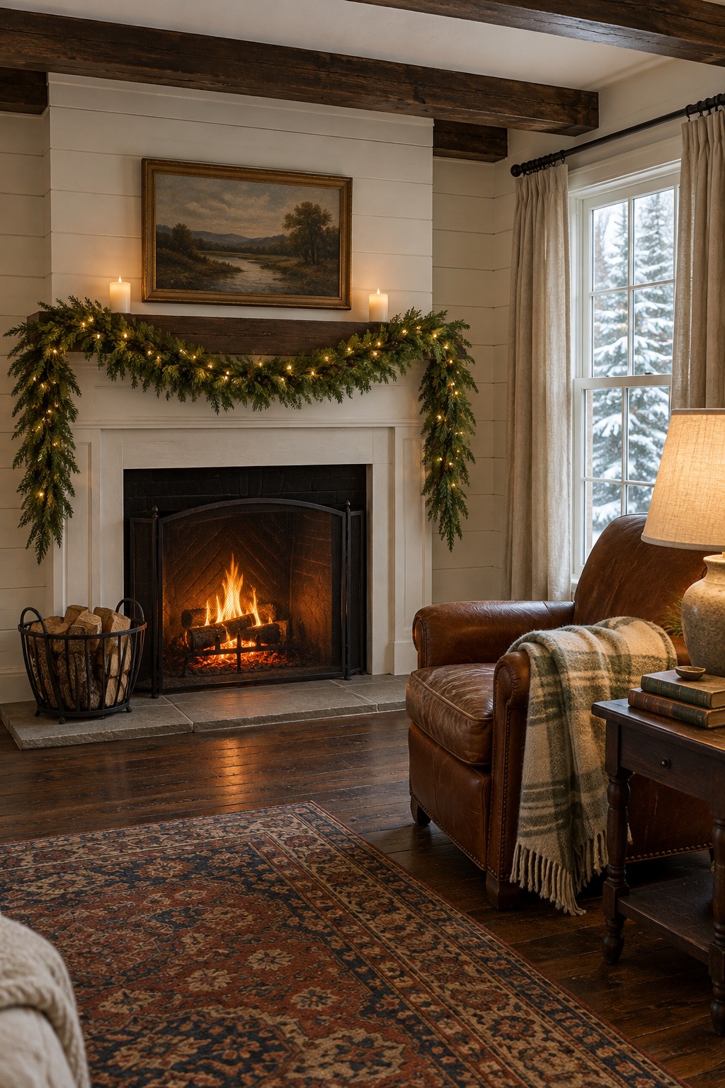 Wooden mantel with a cedar and pine garland draped in a shallow swag, hanging about 2 feet past each end, with fairy lights woven through and two short candles on the shelf