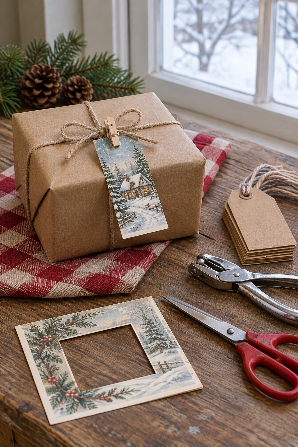 Gift wrapped in brown paper with a tag cut from a Christmas card clipped to the twine with a mini wooden clothespin, beside a stack of kraft tags and a pair of scissors