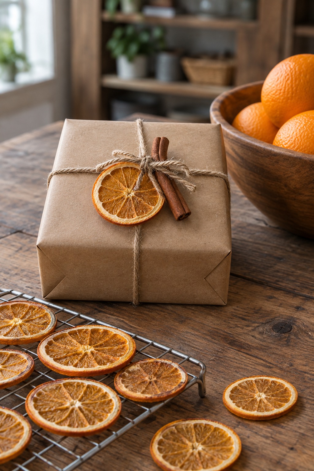 Gift wrapped in brown kraft paper with a dried orange slice and a cinnamon stick tied to the twine on a wooden table with a bowl of oranges