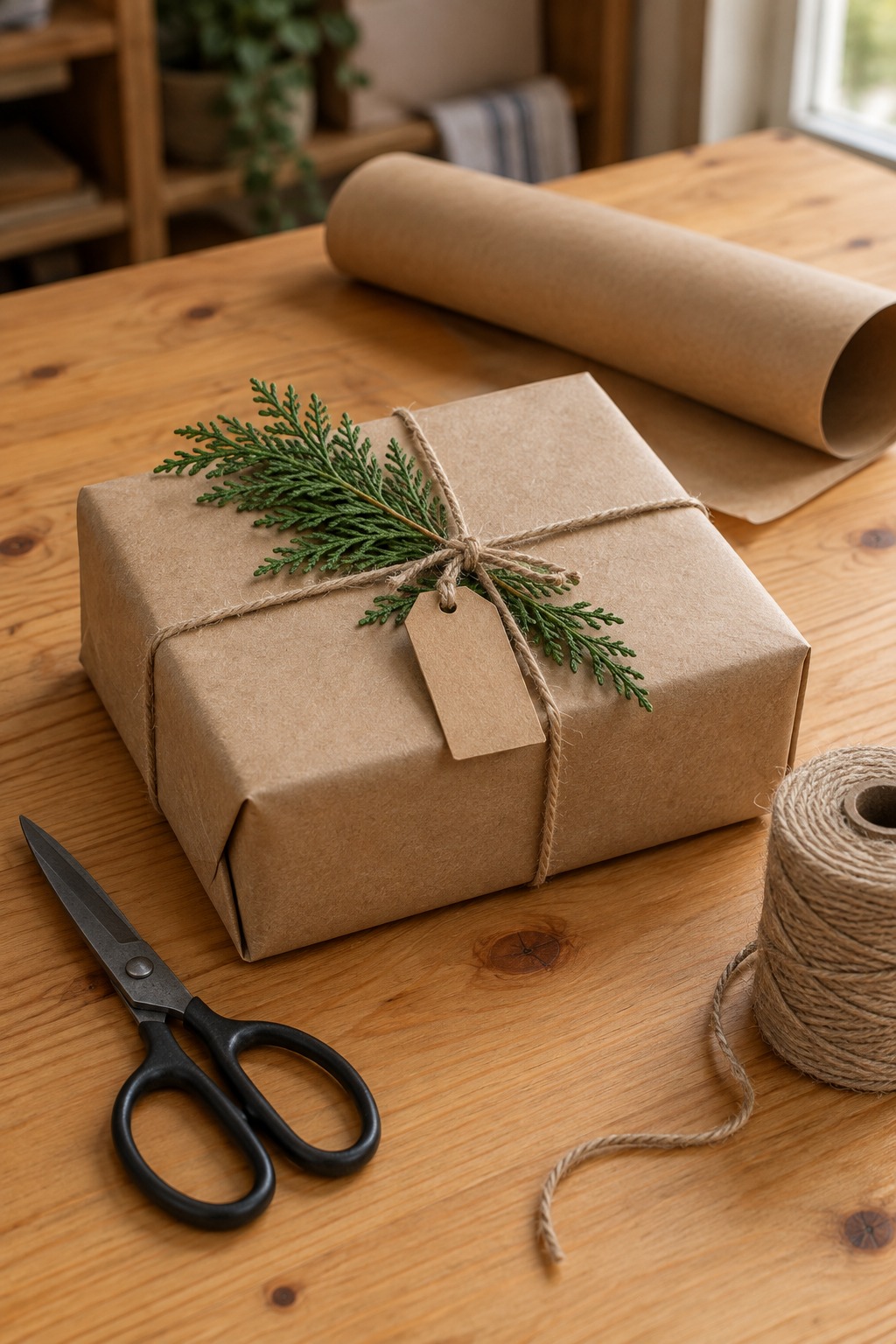 Rectangular gift wrapped in brown kraft paper with natural twine tied crosswise and a cedar sprig tucked under the knot on a pine table beside a spool of twine and scissors