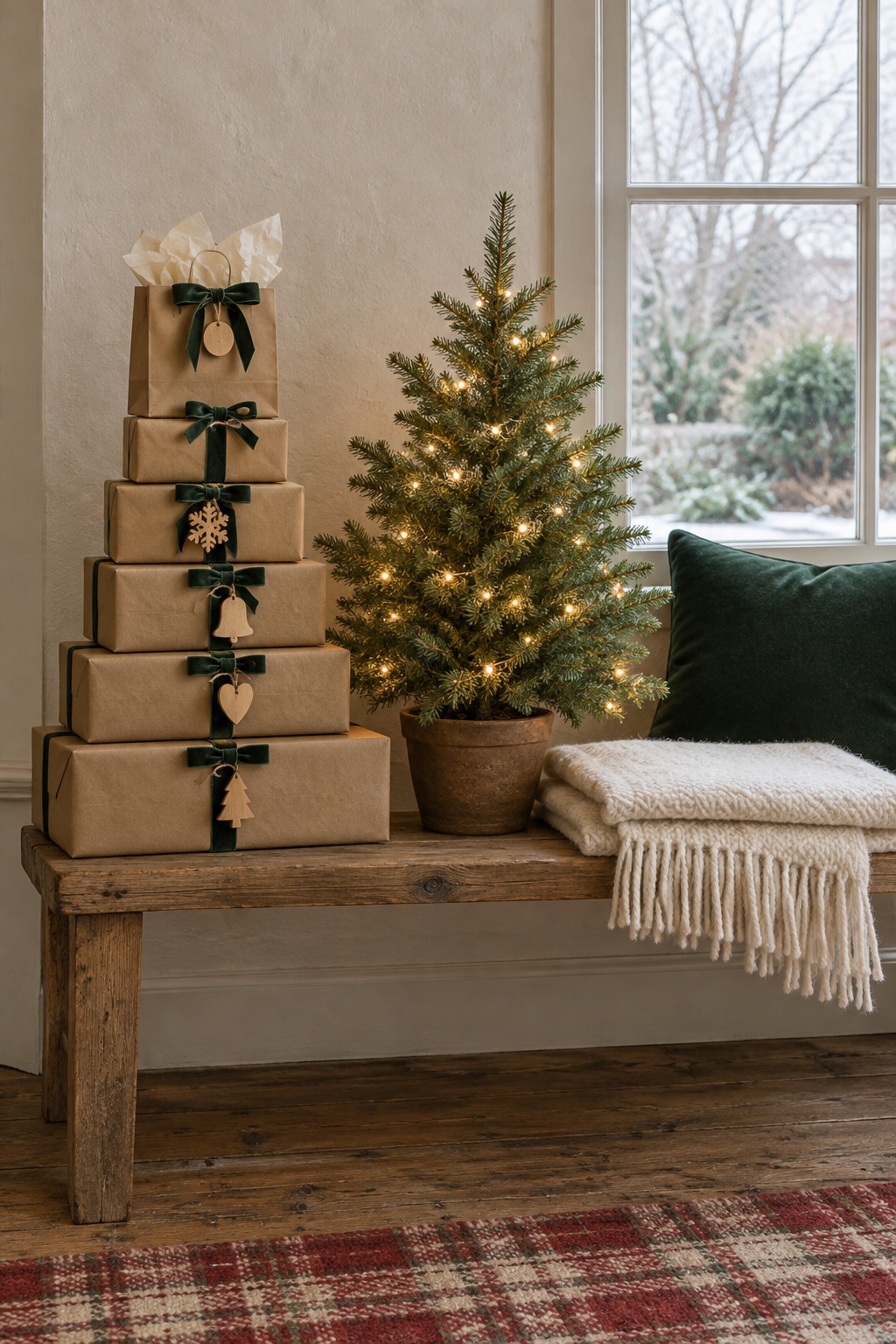 Stack of gifts wrapped in brown kraft paper with deep green velvet ribbon and cream tissue paper in a bag, beside a small lit Christmas tree and a cream wool blanket