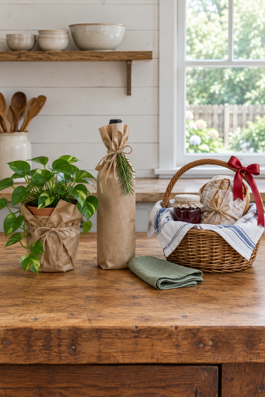 Small potted plant in a kraft paper wrap tied with twine, a bottle in a kraft paper sleeve and a basket lined with a linen tea towel on a kitchen counter