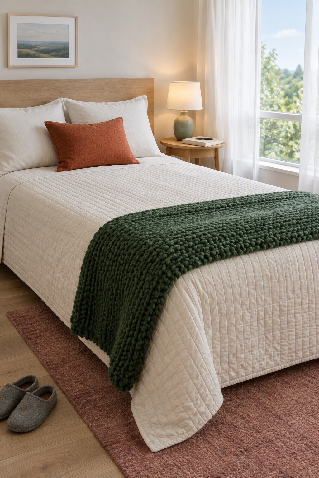 Neatly made bed with a cream quilt and a folded forest green knit throw at the foot, a pair of gray slippers on the floor and a hardcover journal with a pen on the nightstand beside a lit lamp in bright morning light