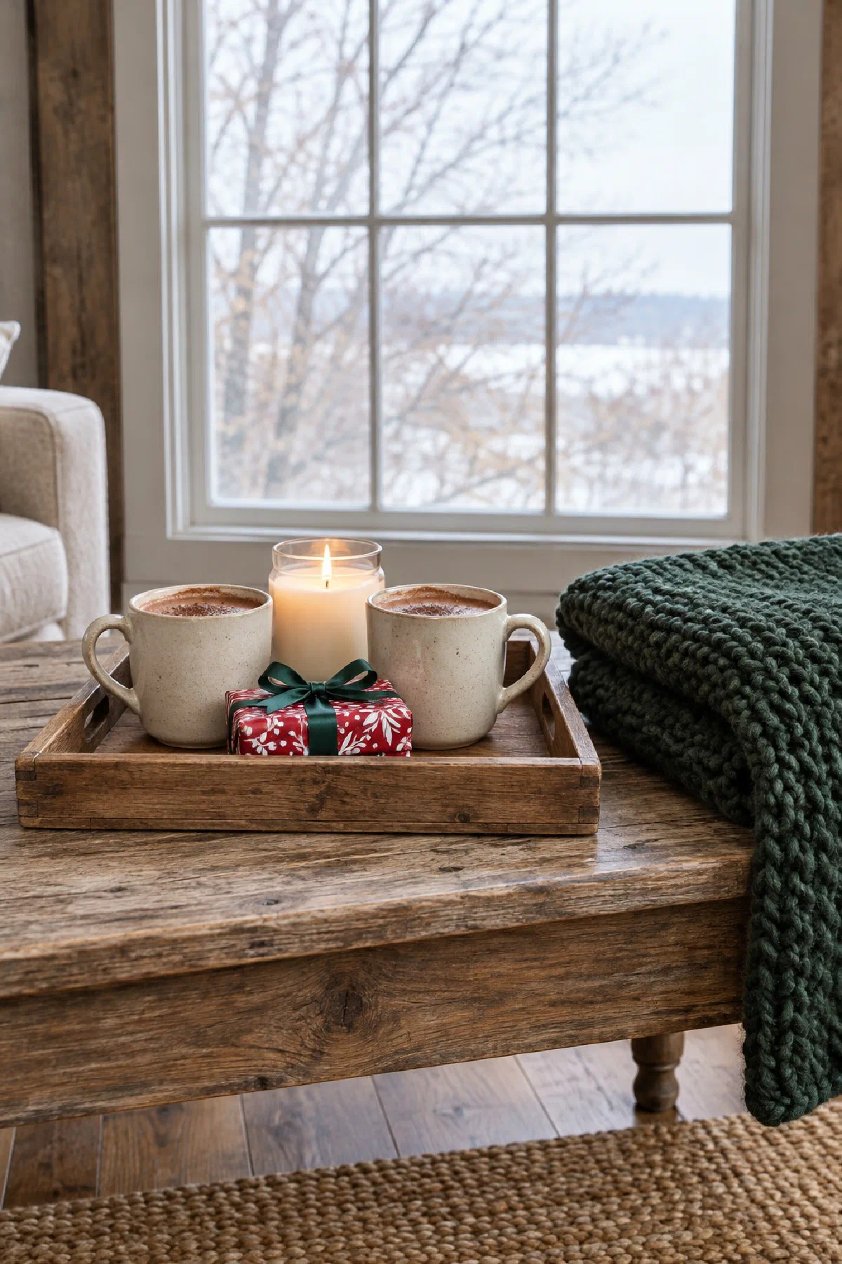 Wooden tray on a farmhouse coffee table holding two cream stoneware mugs of cocoa, a lit candle in a glass jar and a small gift wrapped in red and white Christmas paper, with a forest green knit throw folded beside it in bright daylight