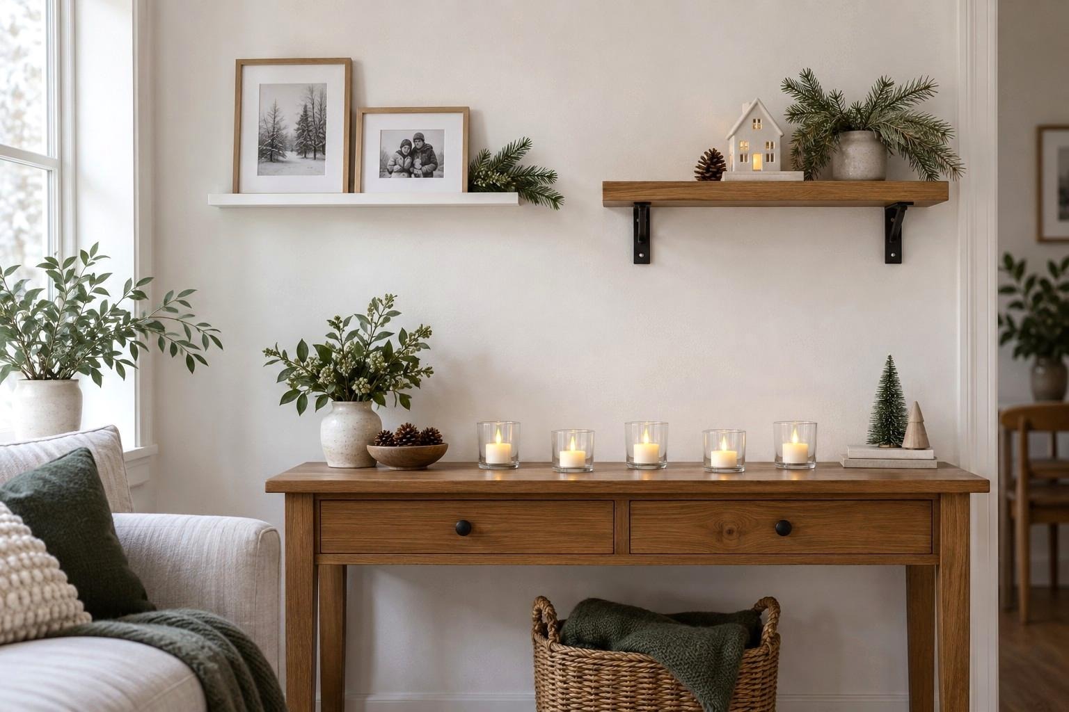 Bright living room wall showing a slim white display ledge, a deeper wood floating shelf, and flameless candles arranged on an existing console