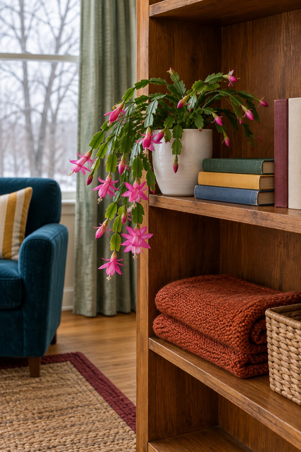 Christmas cactus with arching stems and pink flowers in a white ceramic pot on the edge of a wooden bookshelf in a living room