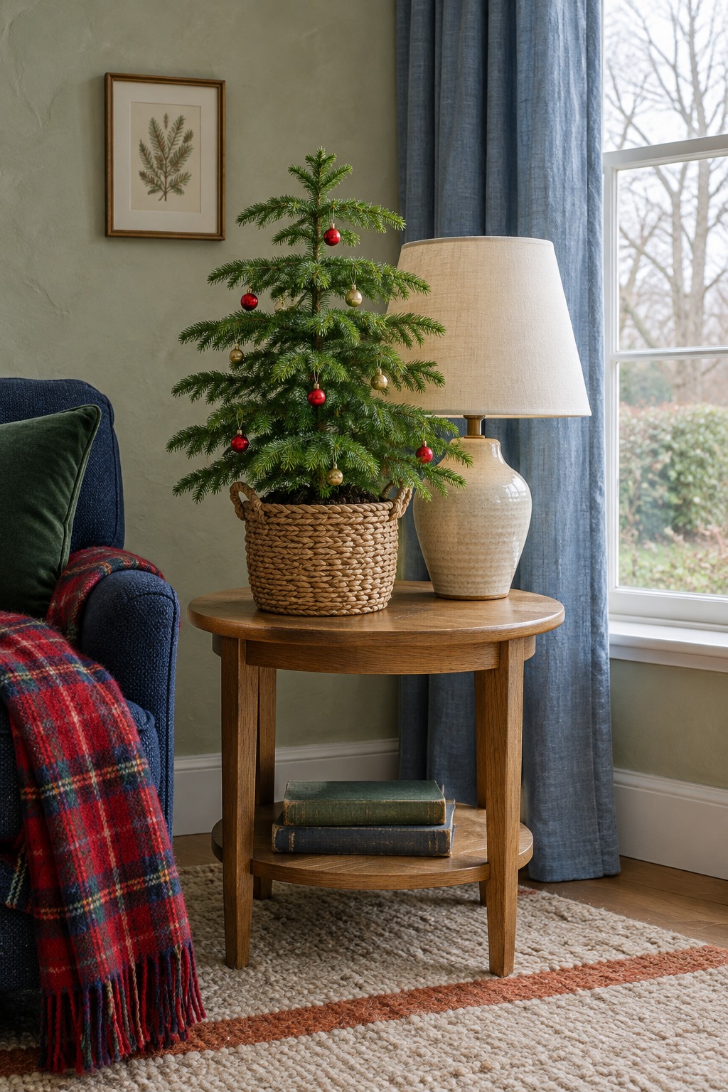 Small Norfolk Island pine in a woven basket on a round wooden side table decorated with a few tiny red and gold ball ornaments beside a lamp