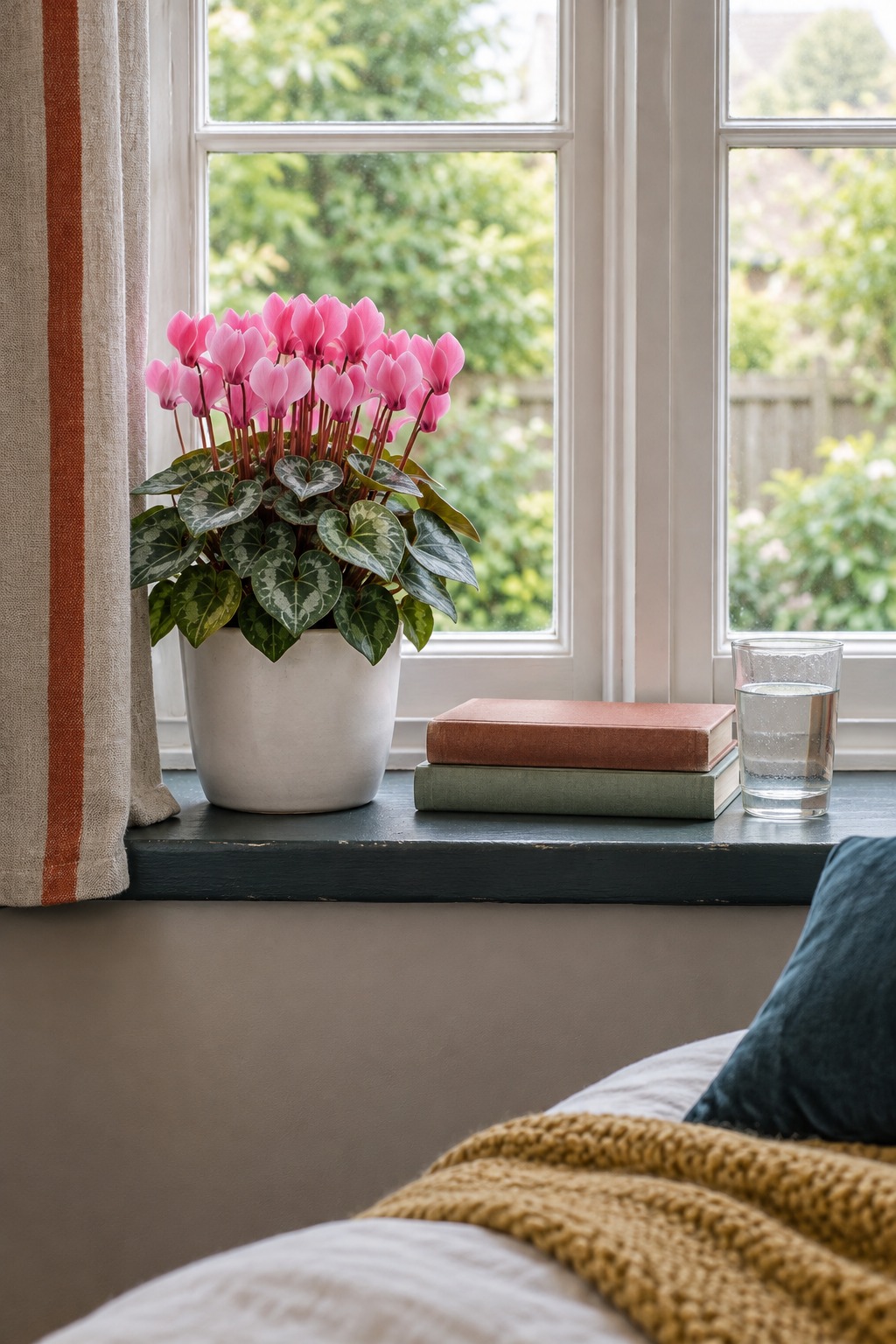 Pink cyclamen with heart-shaped silver-green leaves in a white pot on a bedroom windowsill beside a stack of two books and a glass of water