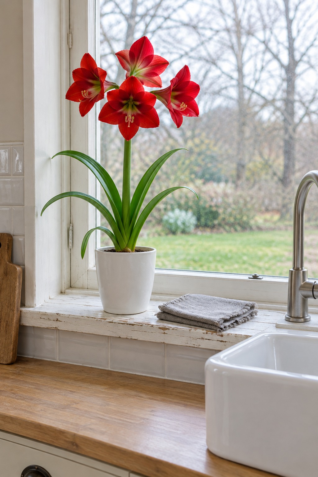 Tall red amaryllis with four open flowers in a white pot on a kitchen windowsill next to a sink and a folded gray linen towel