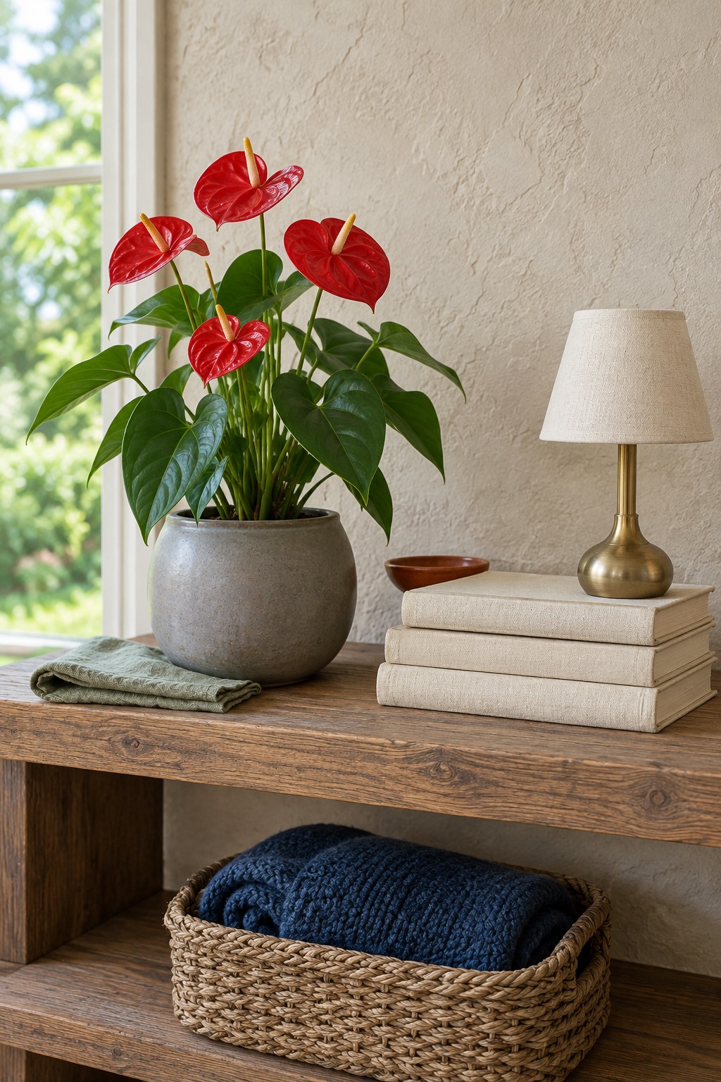 Red anthurium with glossy heart-shaped flowers in a gray ceramic pot on a living room shelf next to a stack of cream books and a small brass lamp