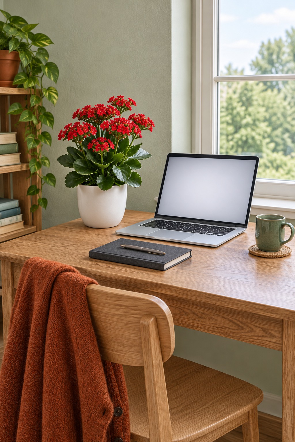 Red kalanchoe with clusters of small flowers in a white pot on a small wooden desk beside a laptop, a notebook and a green mug