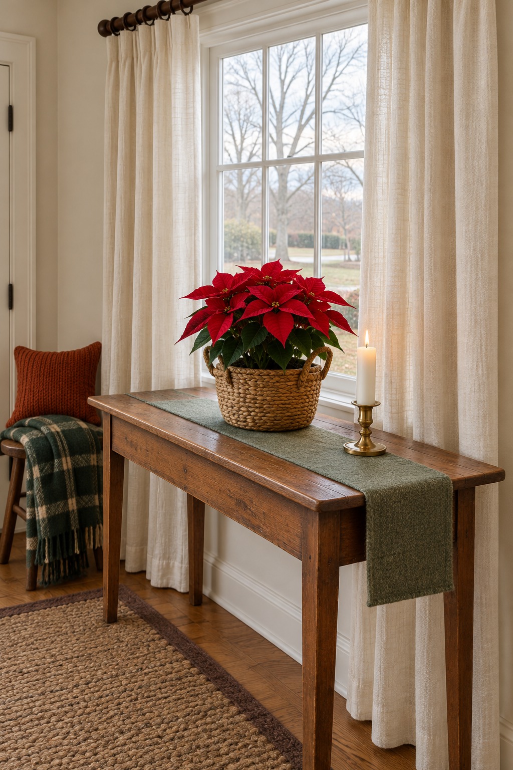 Red poinsettia in a natural seagrass basket on a narrow wooden entry table beside a window with cream curtains and a lit white candle