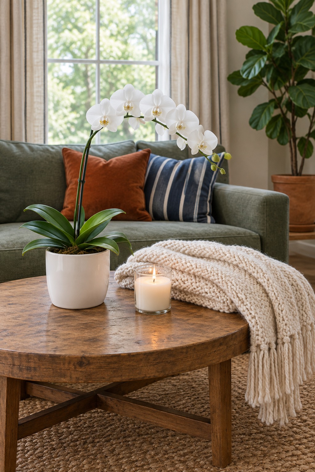 White moth orchid with a long arching stem of flowers in a white pot on a round wooden coffee table beside a cream throw blanket and a lit candle