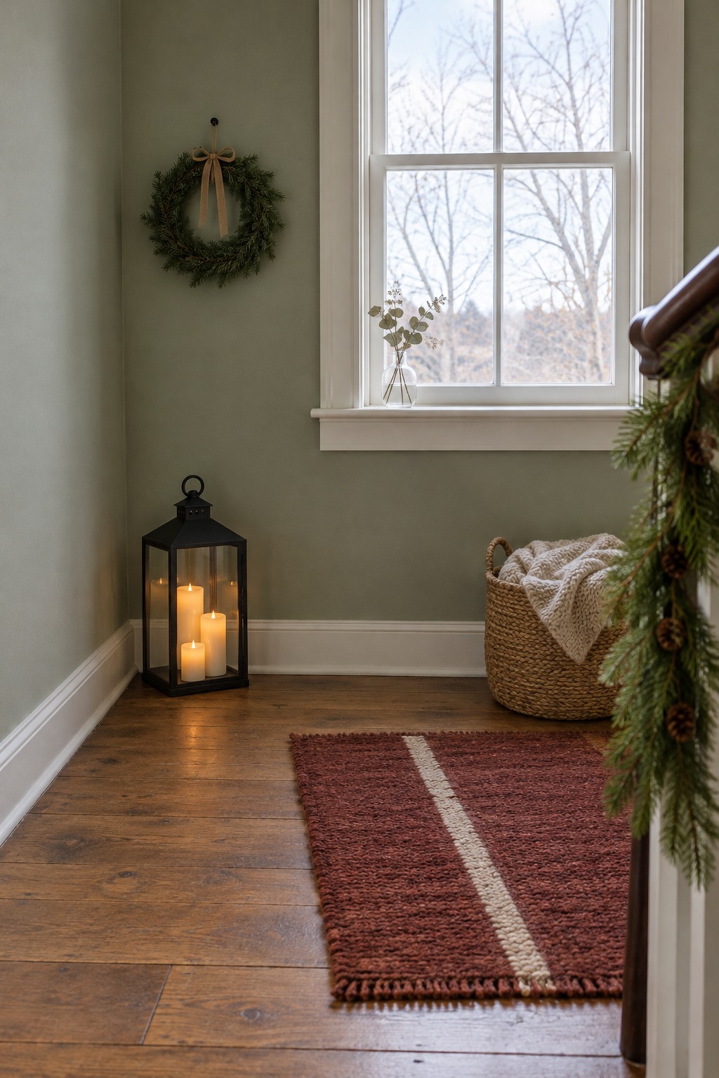 Small stair landing with a window, a black 11 inch lantern holding three flameless white candles of different heights glowing in the corner and a small pine wreath on the wall above, handrail with slim garland at the edge of the frame