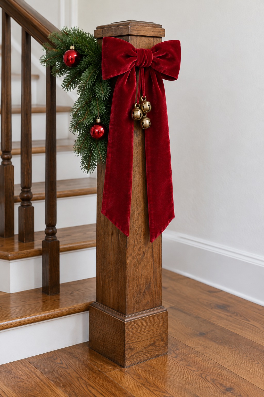 Square wooden bottom newel post of a staircase with a large red velvet bow tied at the top, three small brass bells on a ribbon, a short pine garland dropping from the handrail onto the post and two red ornaments wired in