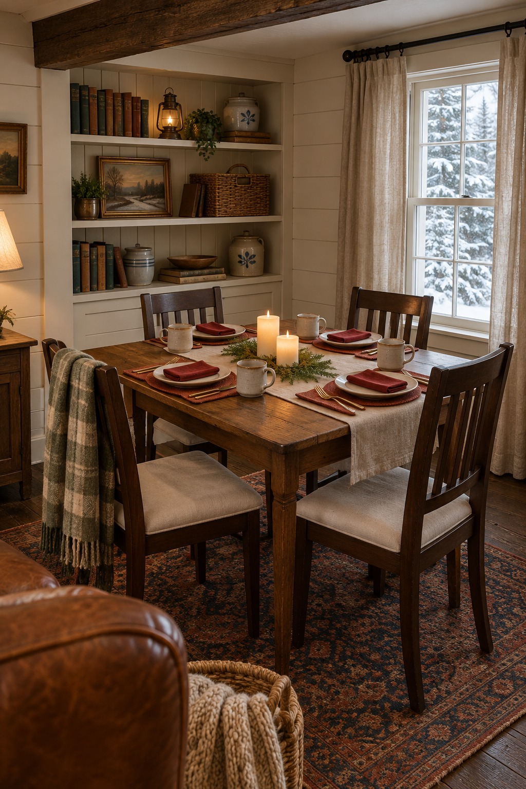 Rectangular dining table set for four with a narrow runner down the middle holding three short flameless candles and cedar sprigs, white plates and red napkins at each place