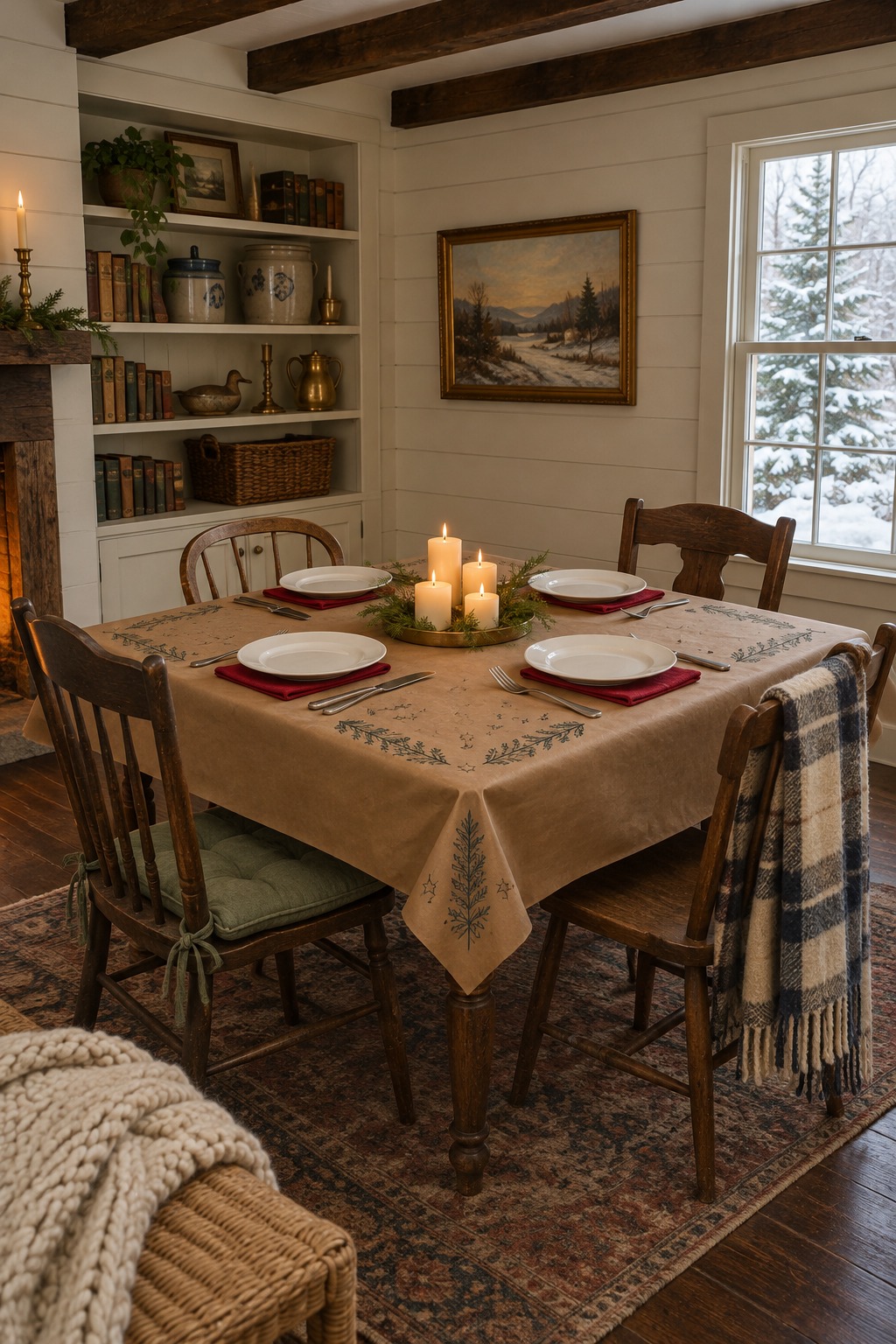 Small dining table covered in kraft paper with hand-drawn evergreen and star borders around each of four places, white plates and red napkins, and short candles in the middle