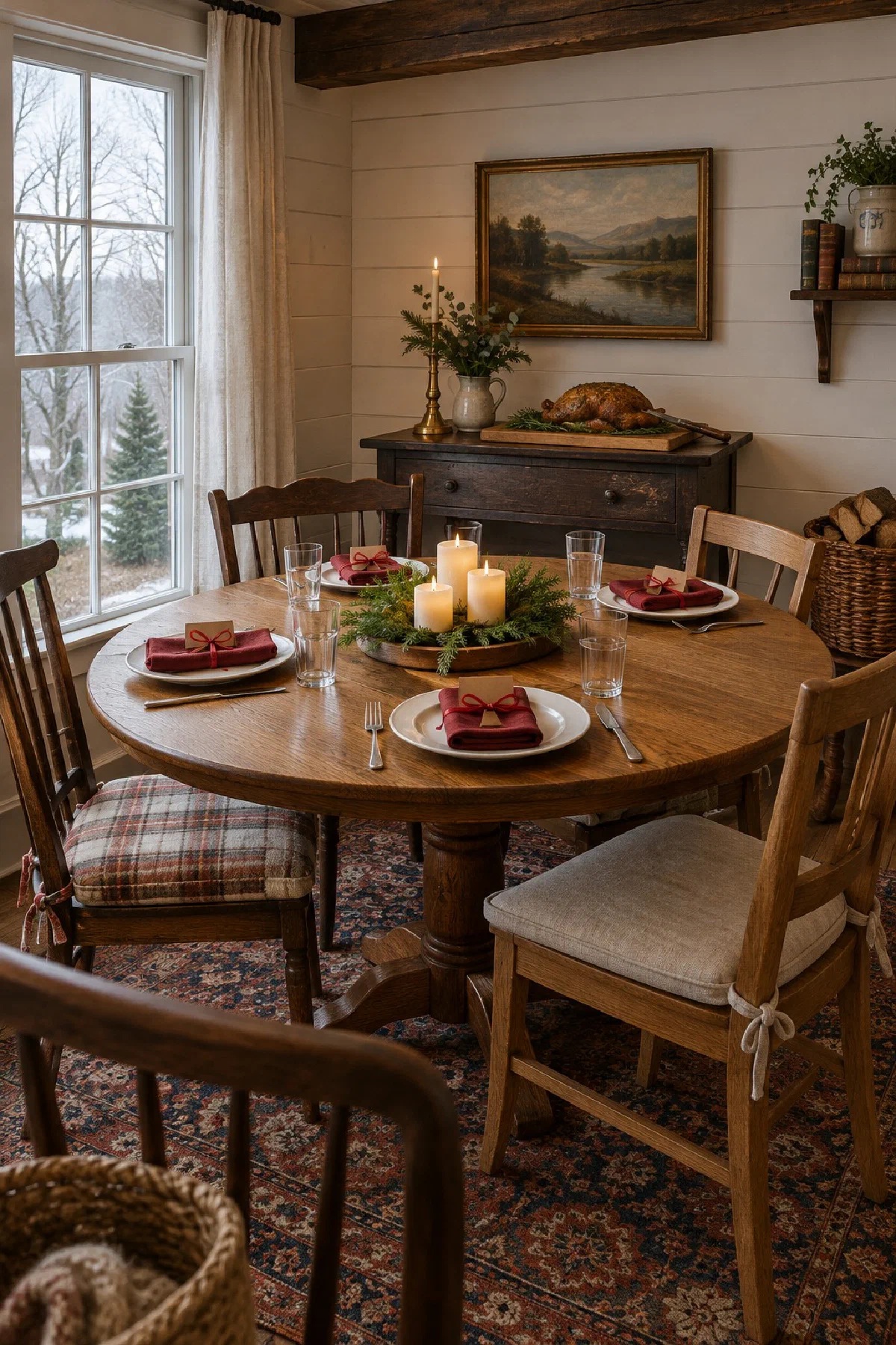 Small round oak table set for four at Christmas, with white plates, ribbon-tied red napkins with kraft place cards, a low cedar tray with three flameless candles, and the roast resting on a board on the sideboard