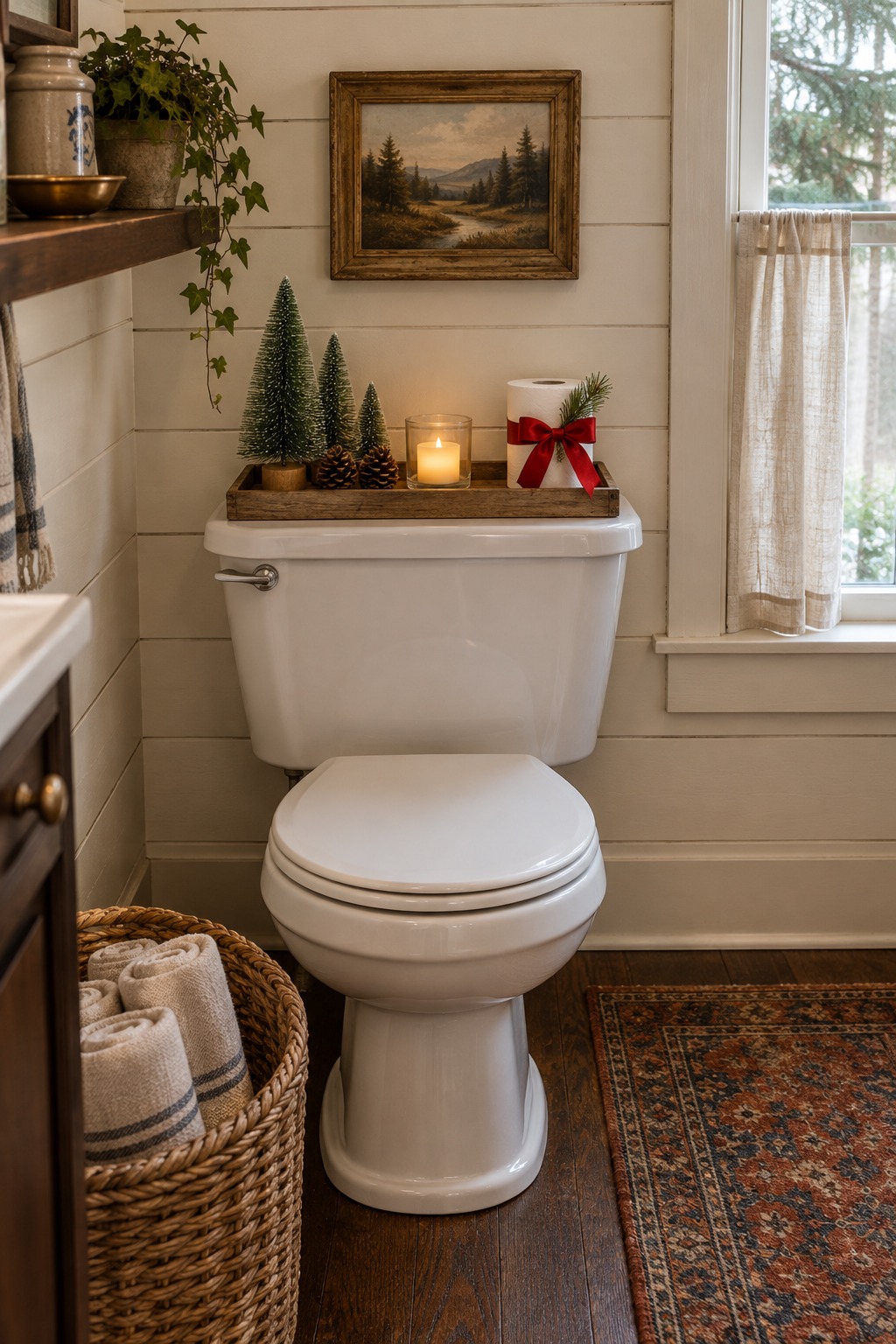 Shallow wooden tray on the back of a white toilet tank holding three green bottle-brush trees, two pinecones, a glowing battery votive and a spare toilet roll tied with red ribbon and greenery