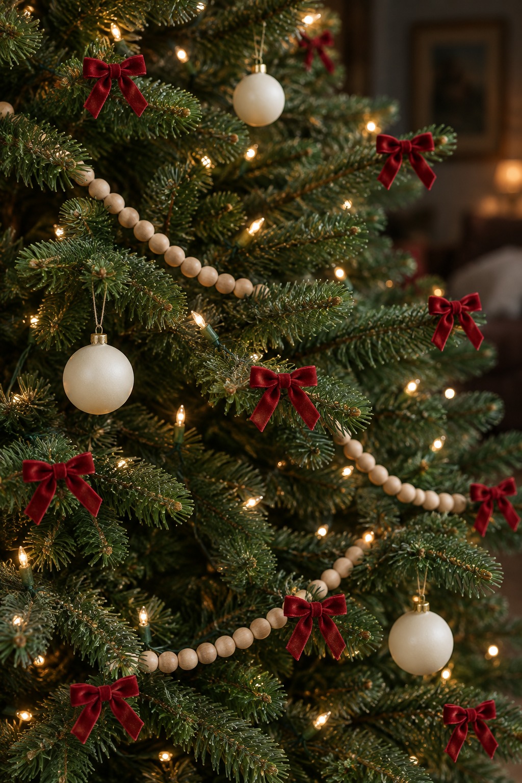 Green Christmas tree with small red velvet bows tied onto the ends of the branches between white lights and a few cream ornaments