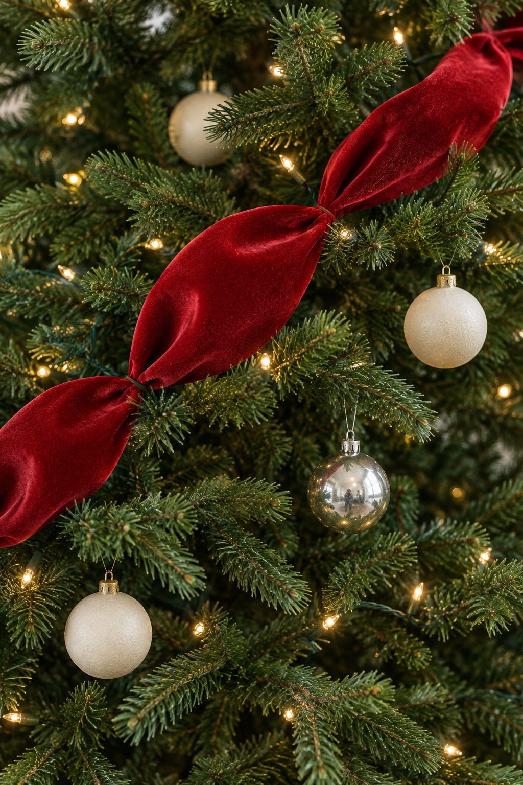 Close view of a green Christmas tree with 2.5 inch red velvet ribbon in puffed diagonal billows tucked between the branches, warm white lights and a few cream ornaments