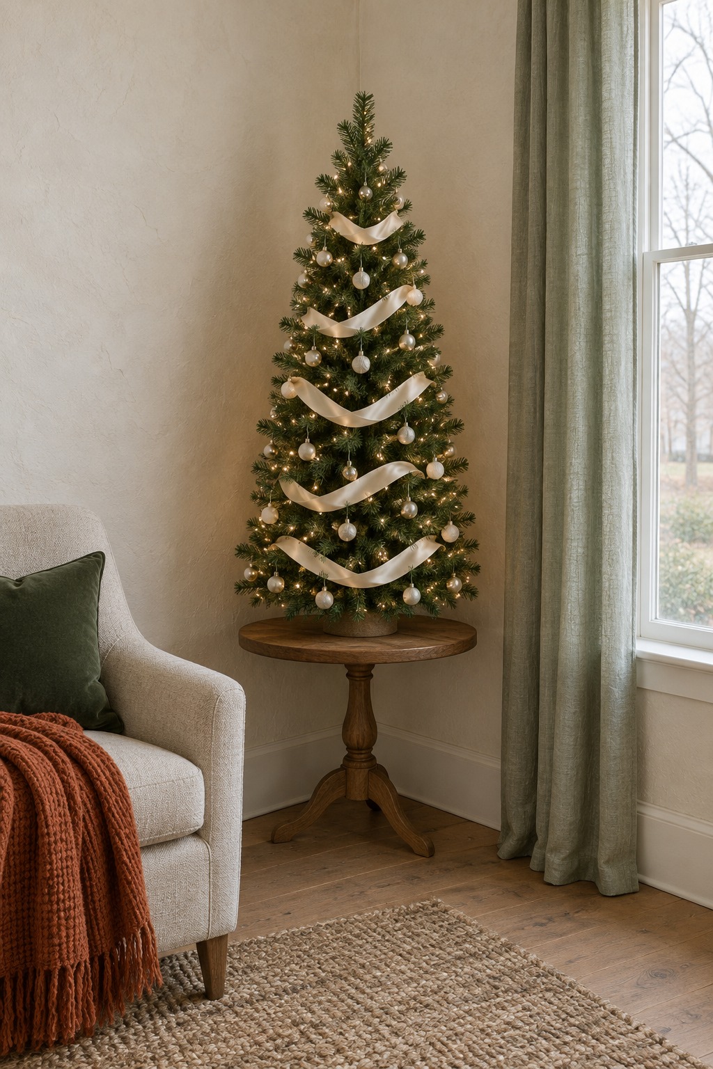 Four foot slim green Christmas tree on a small table with cream satin ribbon swagged horizontally between branch tips in staggered rows