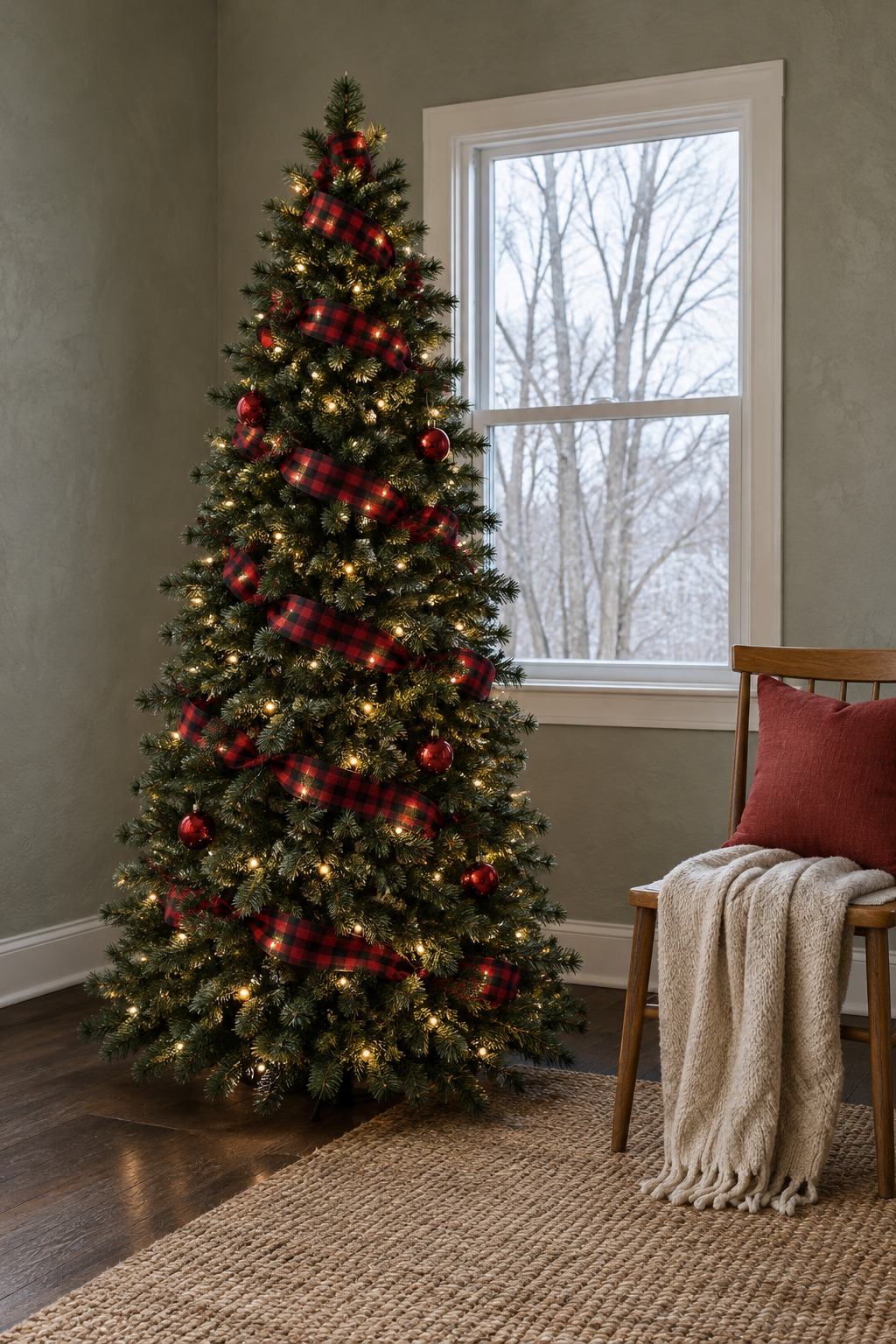 Six and a half foot green Christmas tree with red and black buffalo plaid ribbon spiraling loosely down from the top, with room between each pass and a few red ornaments