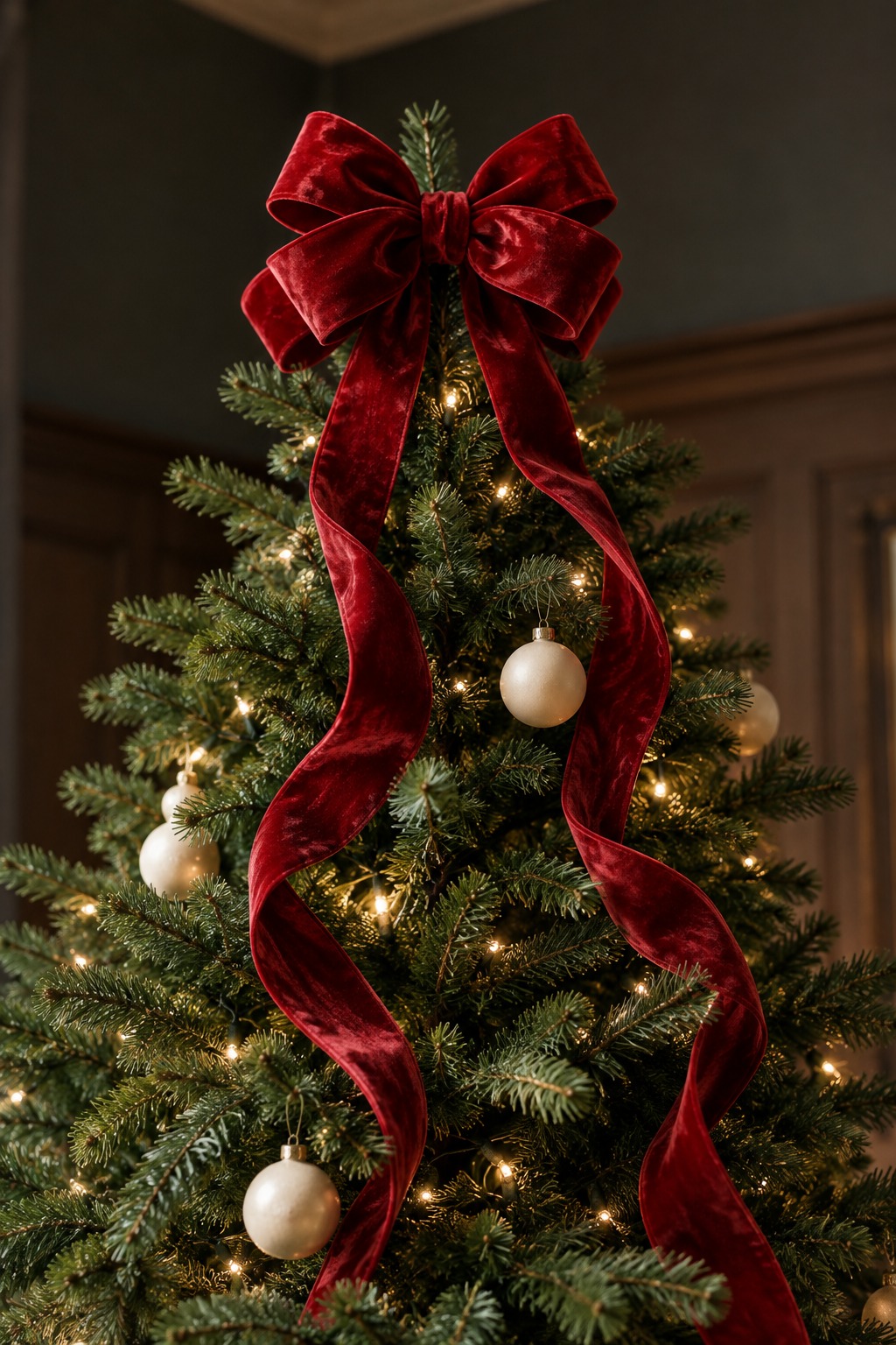 Top third of a green Christmas tree with a large red velvet bow at the tip and two long ribbon tails running down through the branches