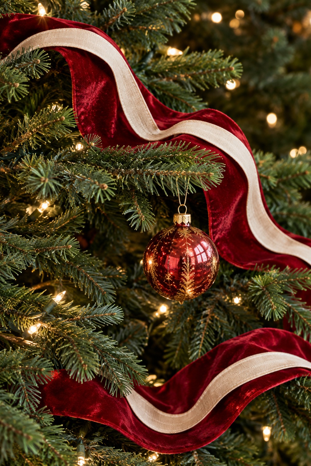 Close view of a green Christmas tree with a wide red velvet ribbon in billows and a narrow cream ribbon laid over it, with a gold ornament and warm white lights
