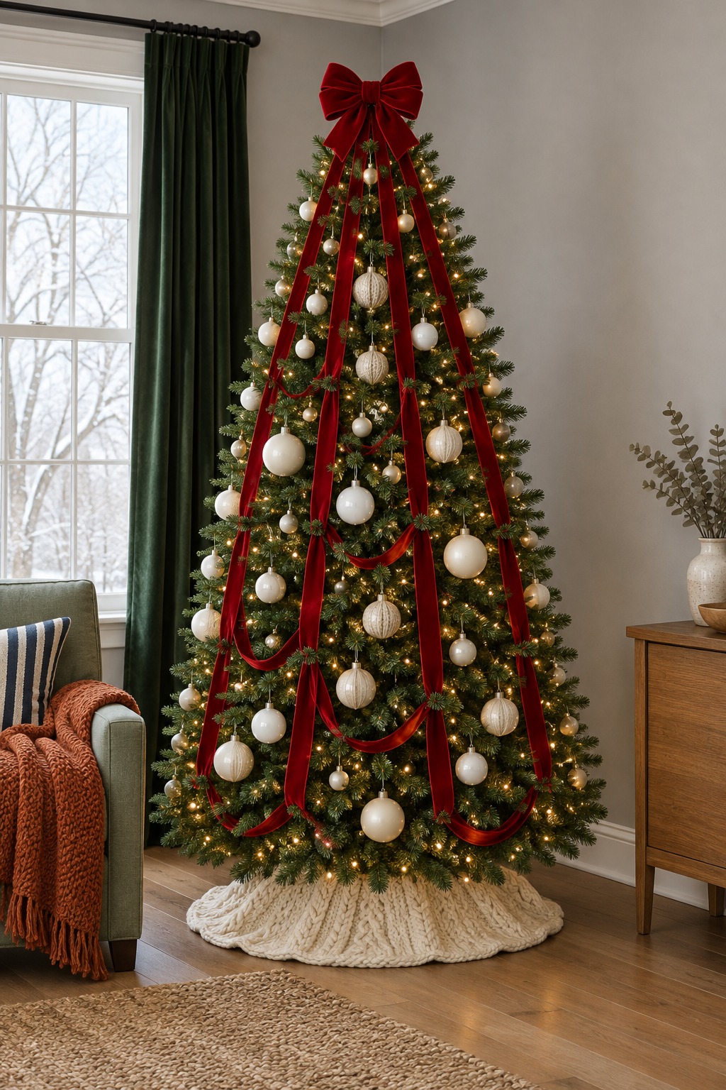 Seven foot green Christmas tree with six strands of wide red velvet ribbon falling from a red bow at the top, each strand tucked into the branches in two places