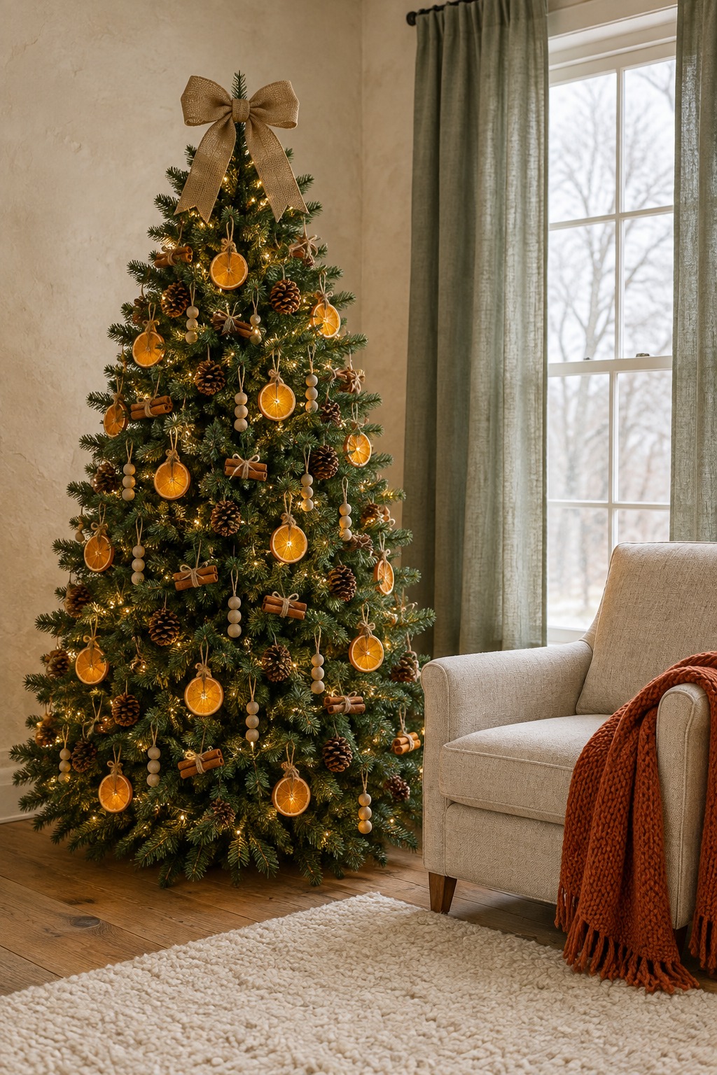 Green Christmas tree trimmed with dried orange slices, pinecones, cinnamon sticks tied with twine and wooden beads, with warm white lights lit and a jute bow on top