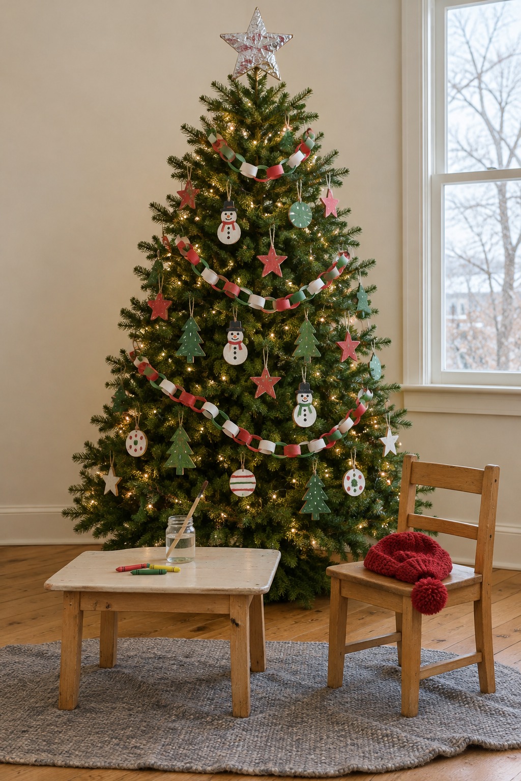 Green Christmas tree hung with painted wooden ornaments in red, green and white, a red, green and white paper chain and a foil-covered cardboard star on top, with a child's red knit hat on a chair beside it