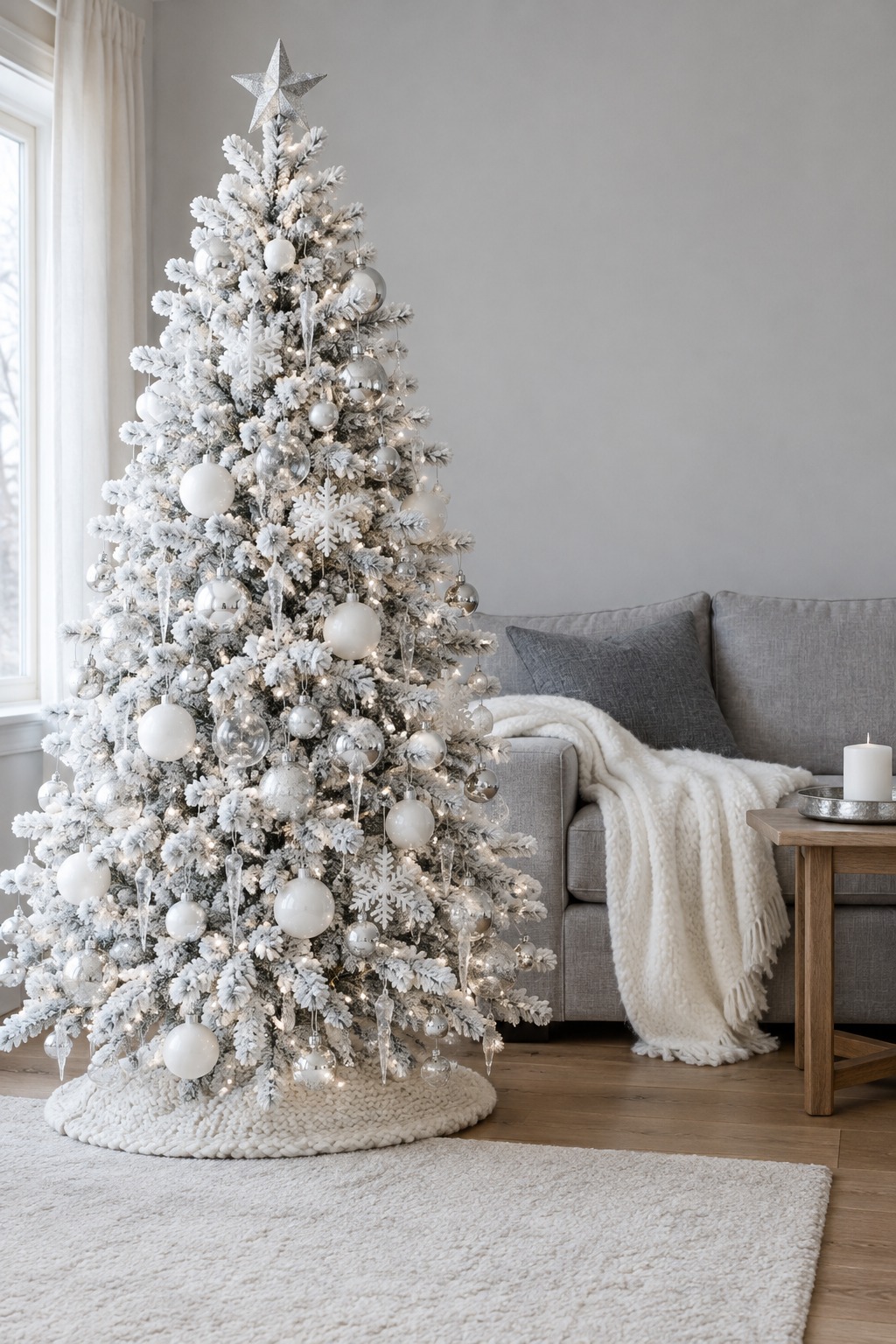 Flocked white Christmas tree with white and silver ball ornaments, glass icicles, white snowflakes and a silver star on top, in front of a gray linen sofa with a white wool throw
